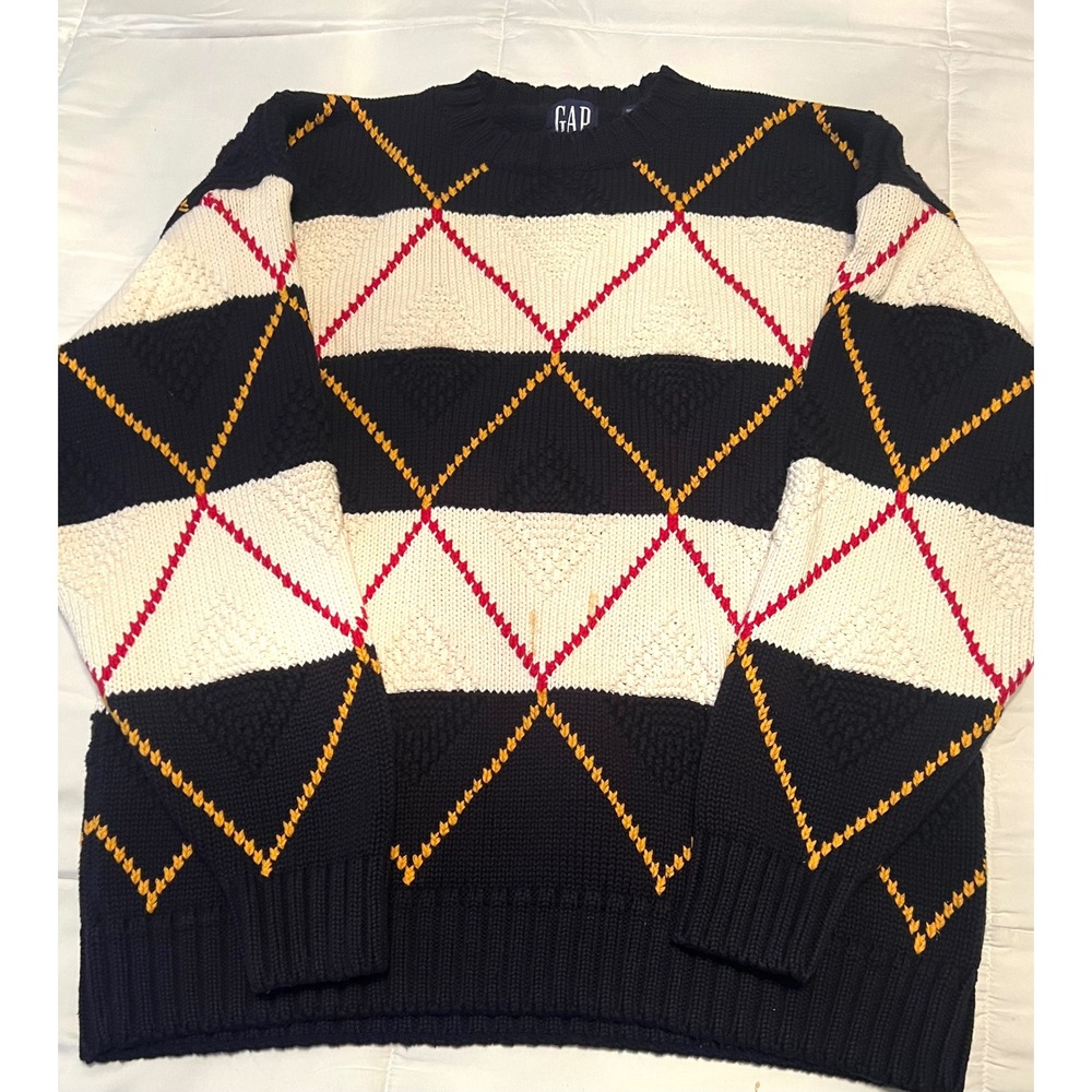 GAP Men's XL Argyle Sweater 100% Cotton Navy Cream Preppy Vintage Grandpacore